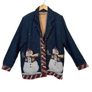 Vintage Womens Jacket XL Snowman Holiday‎ Candycane Tapestry Blazer Blue Cotton